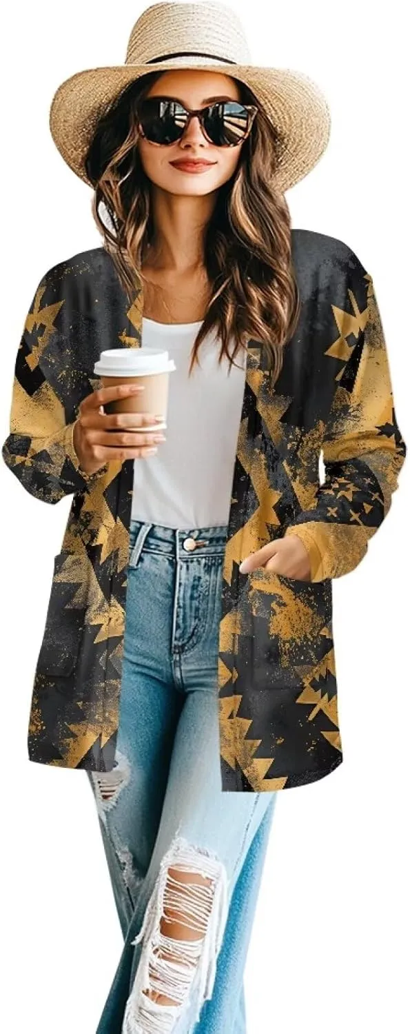 Women's Aztec Open-Front Jacket Lightweight Casual Outerwear Native Western Aztec Pattern & Plaid Houndstooth Print