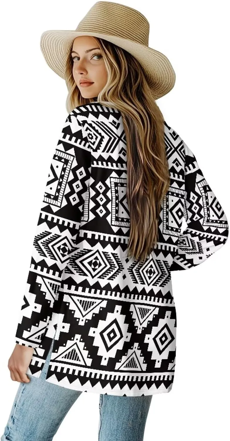 Women's Aztec Open-Front Jacket Lightweight Casual Outerwear Native Western Aztec Pattern & Plaid Houndstooth Print