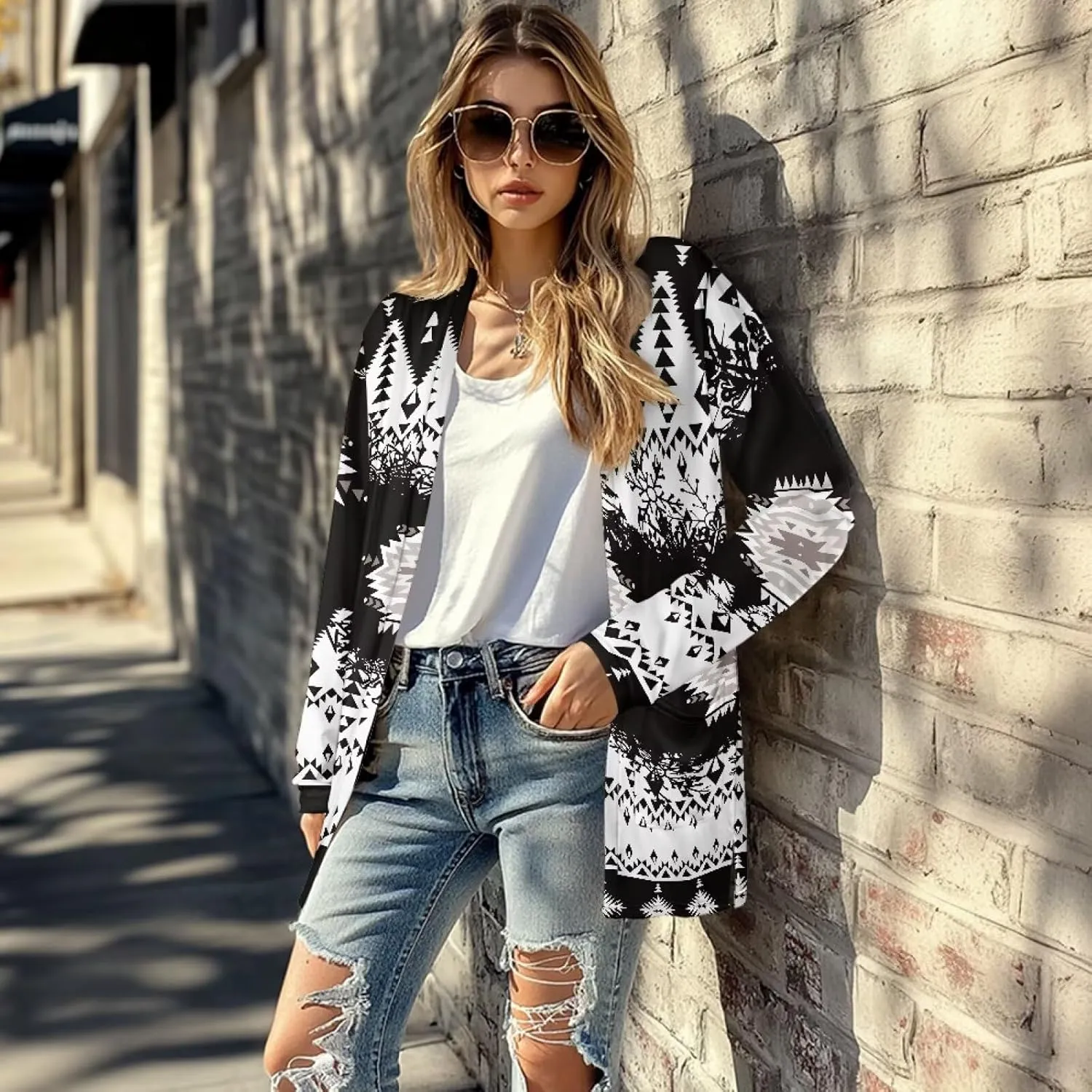 Women's Aztec Open-Front Jacket Lightweight Casual Outerwear Native Western Aztec Pattern & Plaid Houndstooth Print