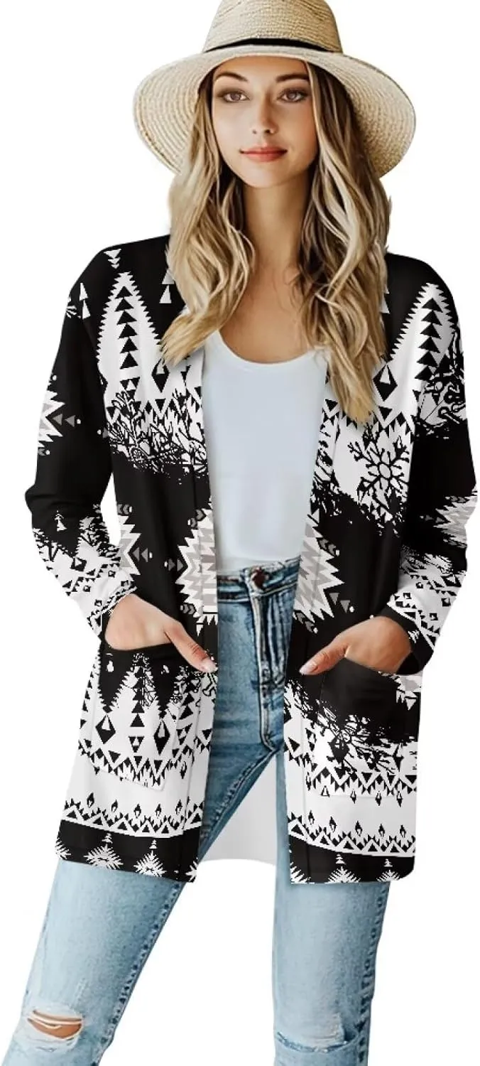 Women's Aztec Open-Front Jacket Lightweight Casual Outerwear Native Western Aztec Pattern & Plaid Houndstooth Print