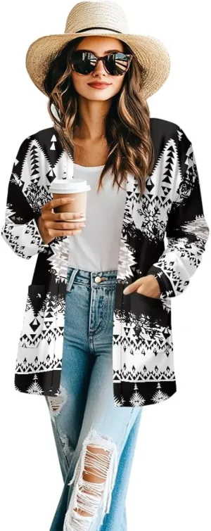 Women's Aztec Open-Front Jacket Lightweight Casual Outerwear Native Western Aztec Pattern & Plaid Houndstooth Print