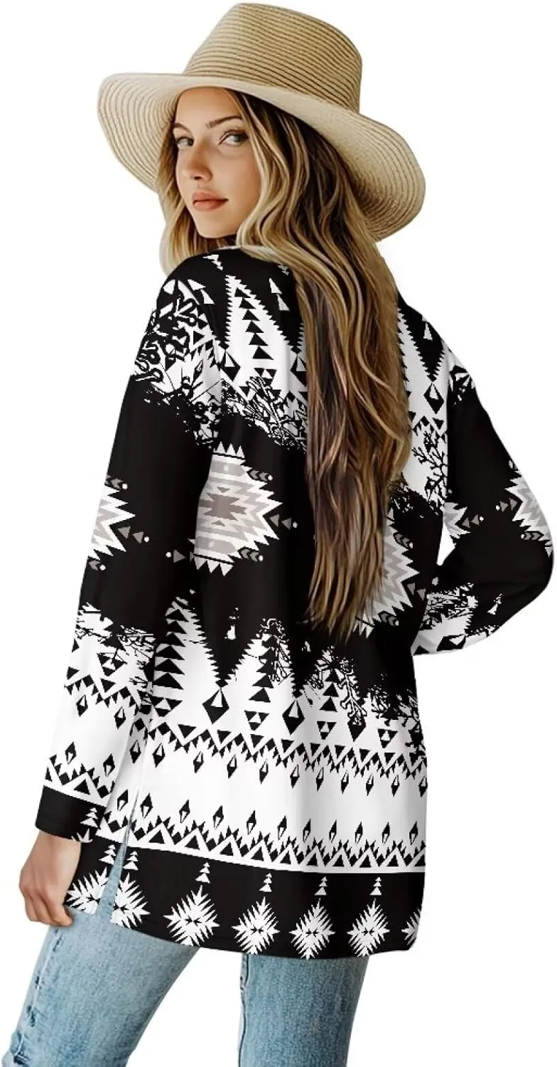 Women's Aztec Open-Front Jacket Lightweight Casual Outerwear Native Western Aztec Pattern & Plaid Houndstooth Print