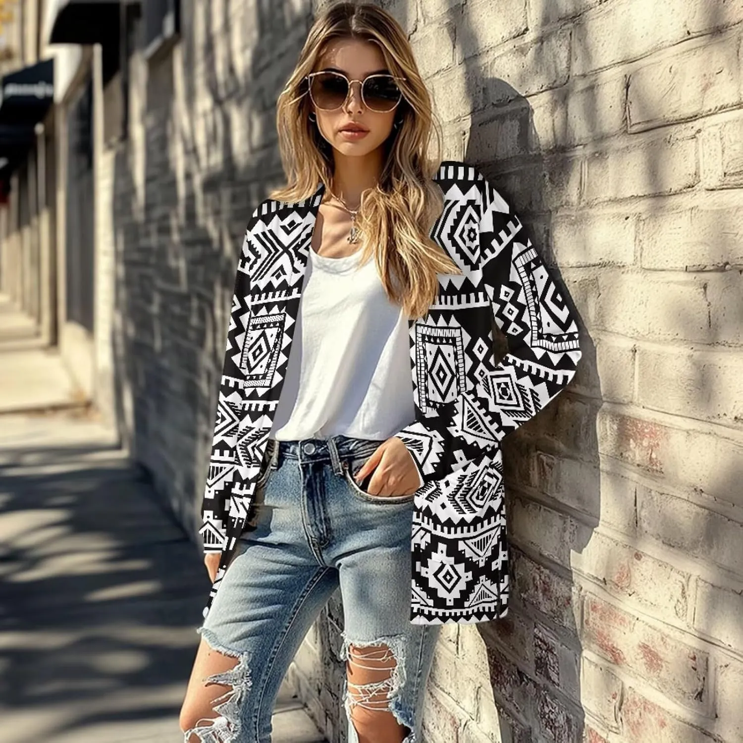 Women's Aztec Open-Front Jacket Lightweight Casual Outerwear Native Western Aztec Pattern & Plaid Houndstooth Print
