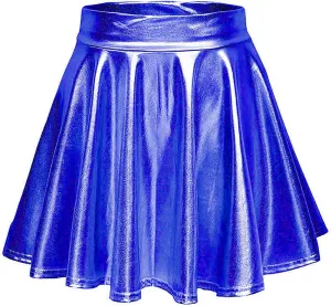 Womens Basic Versatile Mini Skirts Casual Stretchy Flared Skater Skirt Fashion Sexy Solid Pleated Skirt Shiny Skirts