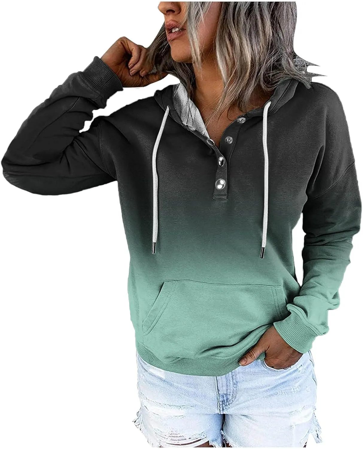 Women's Casual Long Sleeve Hoodies Color Block Button Down Hooded Drawstring Pullover Sweatshirt Tops with Pocket