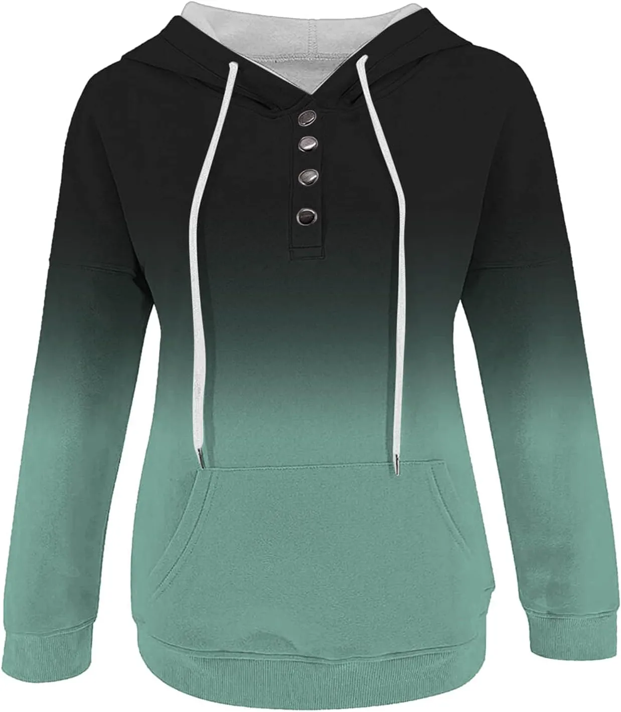 Women's Casual Long Sleeve Hoodies Color Block Button Down Hooded Drawstring Pullover Sweatshirt Tops with Pocket