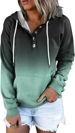 Women's Casual Long Sleeve Hoodies Color Block Button Down Hooded Drawstring Pullover Sweatshirt Tops with Pocket