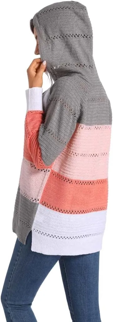 Women's Color Block Knit Hoodies Sweaters V Neck Drawstring Lightweight Pullover Sweatshirts & Zip up