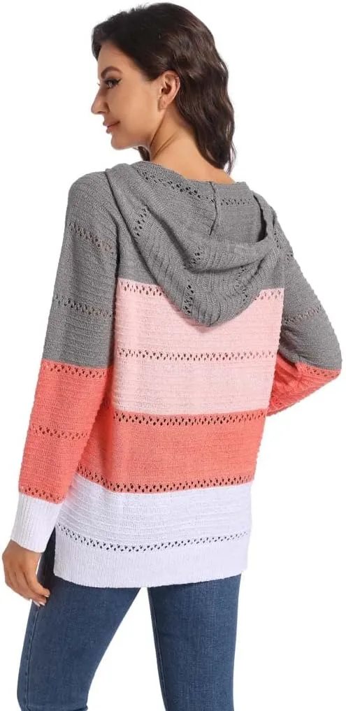 Women's Color Block Knit Hoodies Sweaters V Neck Drawstring Lightweight Pullover Sweatshirts & Zip up