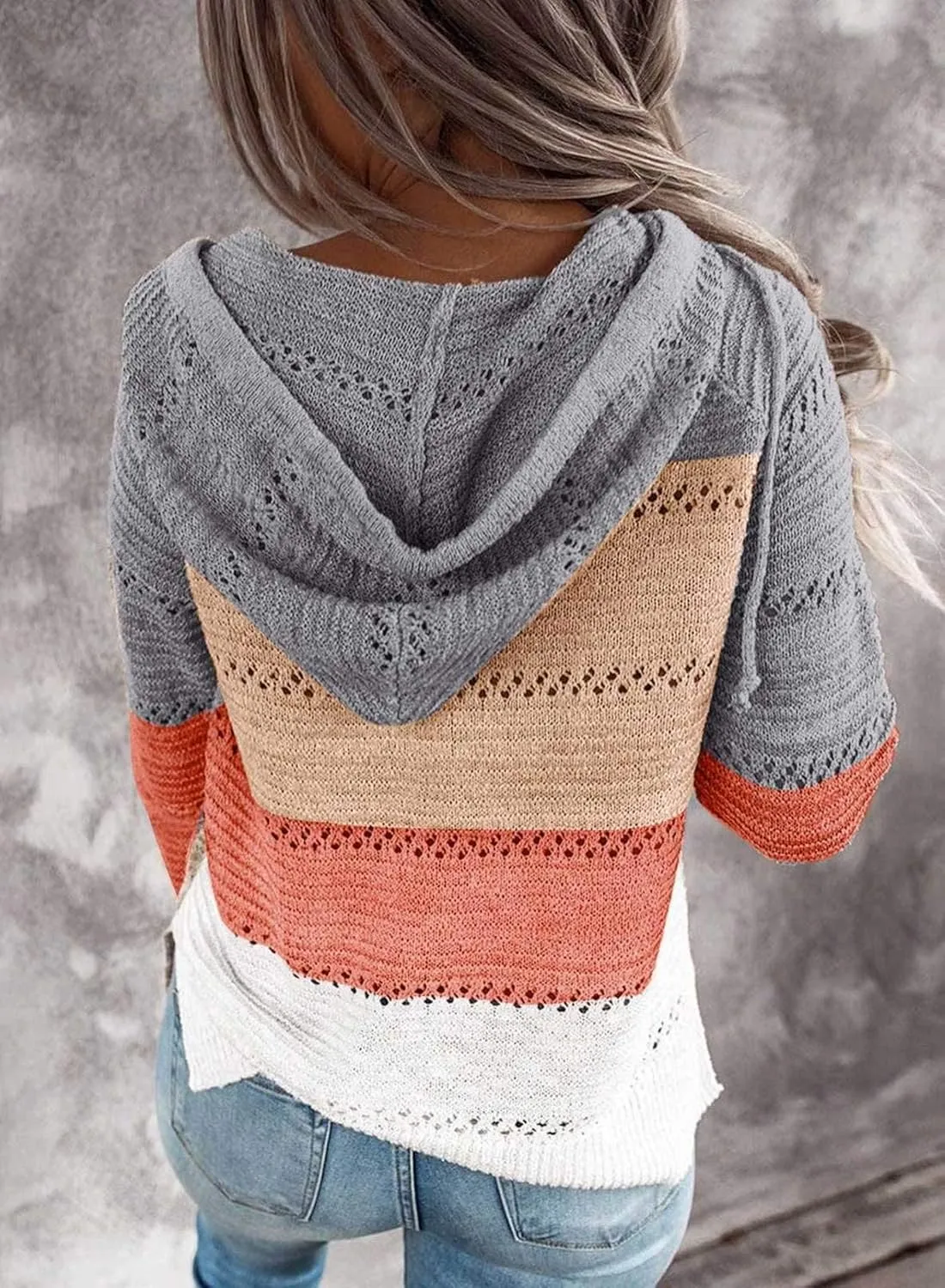 Women's Color Block Knit Hoodies Sweaters V Neck Drawstring Lightweight Pullover Sweatshirts & Zip up