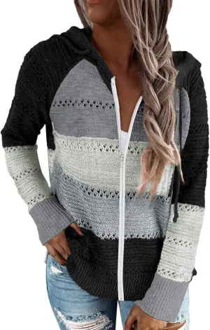 Women's Color Block Knit Hoodies Sweaters V Neck Drawstring Lightweight Pullover Sweatshirts & Zip up