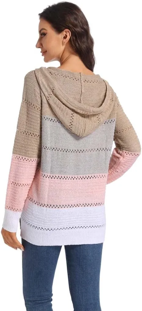 Women's Color Block Knit Hoodies Sweaters V Neck Drawstring Lightweight Pullover Sweatshirts & Zip up