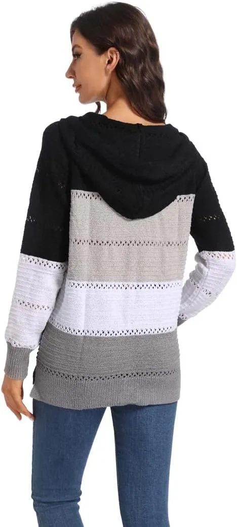 Women's Color Block Knit Hoodies Sweaters V Neck Drawstring Lightweight Pullover Sweatshirts & Zip up