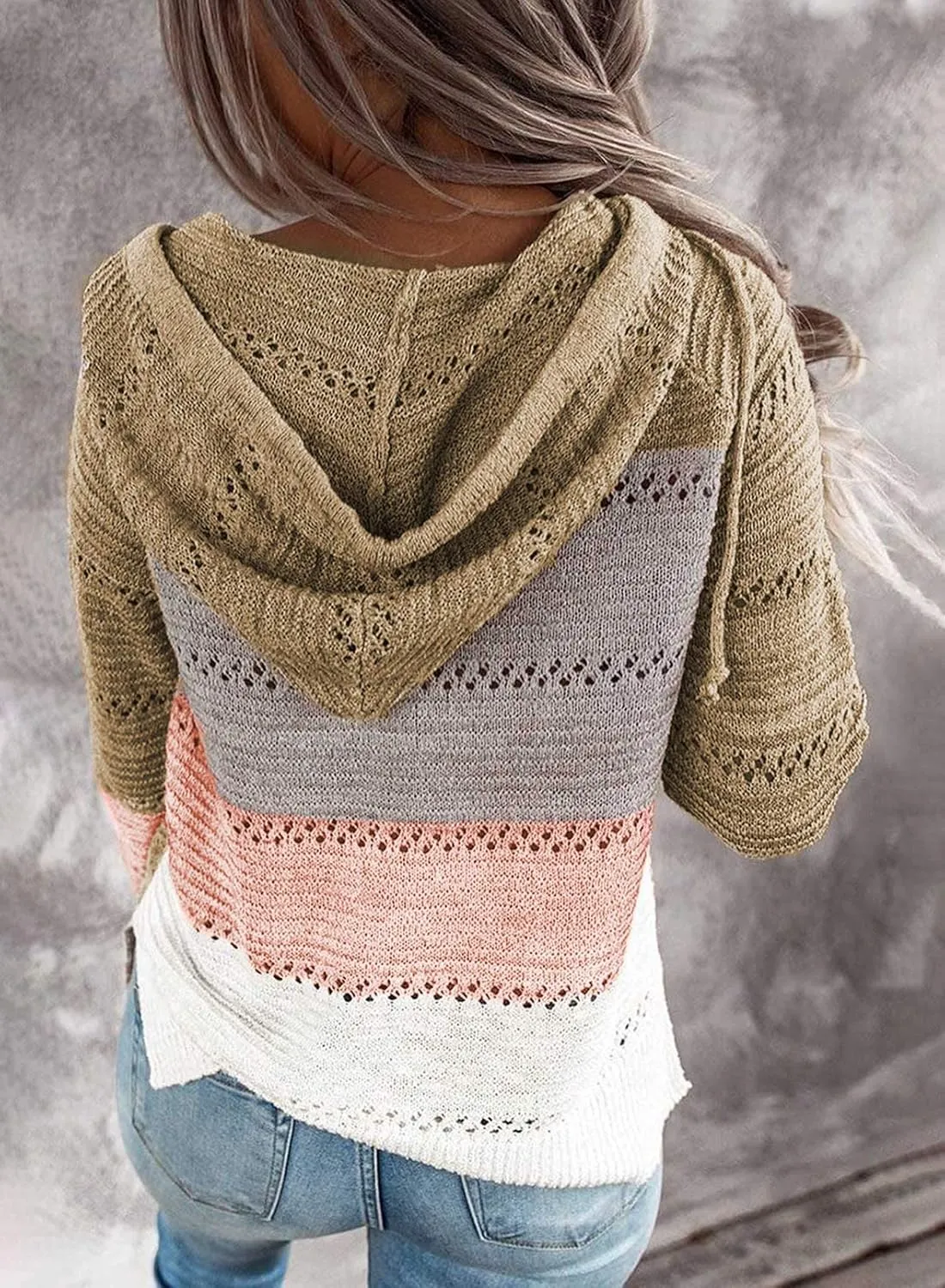 Women's Color Block Knit Hoodies Sweaters V Neck Drawstring Lightweight Pullover Sweatshirts & Zip up