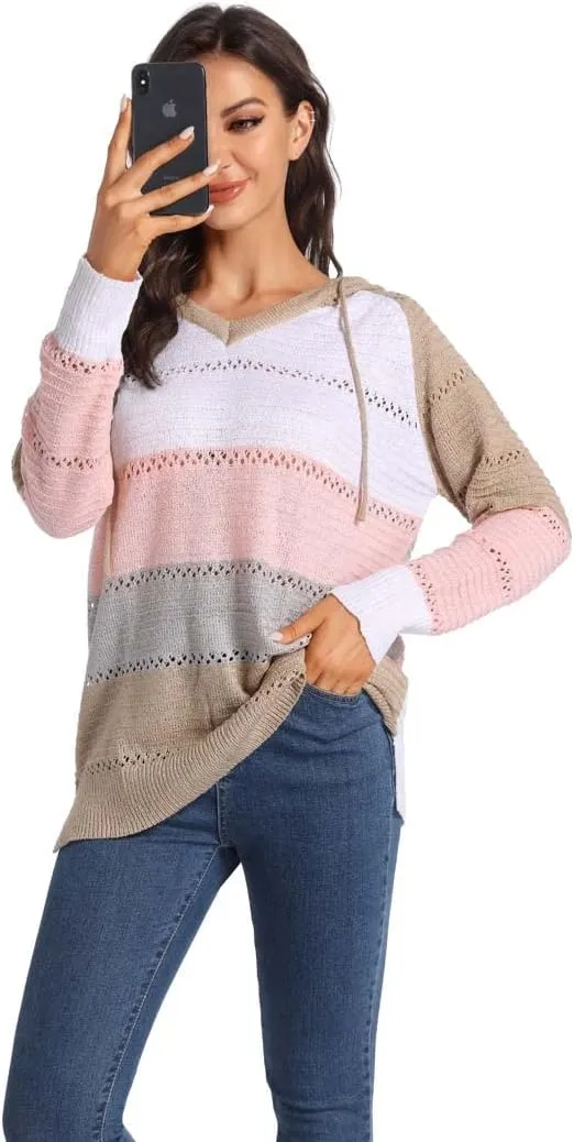 Women's Color Block Knit Hoodies Sweaters V Neck Drawstring Lightweight Pullover Sweatshirts & Zip up