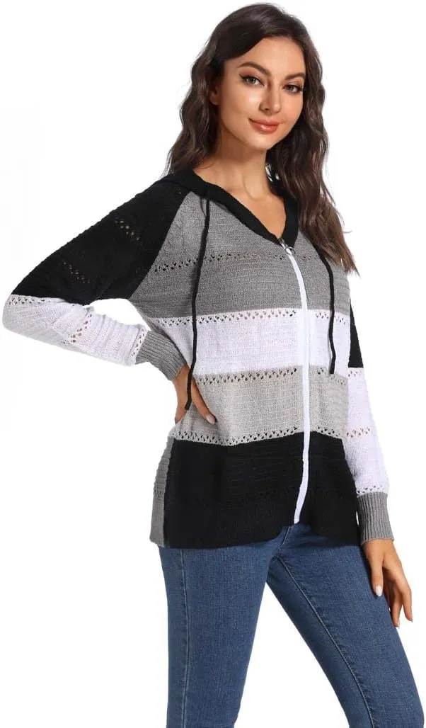 Women's Color Block Knit Hoodies Sweaters V Neck Drawstring Lightweight Pullover Sweatshirts & Zip up