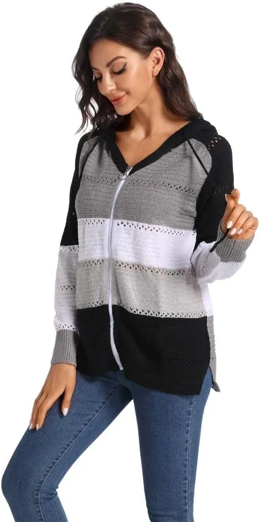 Women's Color Block Knit Hoodies Sweaters V Neck Drawstring Lightweight Pullover Sweatshirts & Zip up