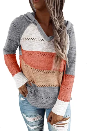 Women's Color Block Knit Hoodies Sweaters V Neck Drawstring Lightweight Pullover Sweatshirts & Zip up
