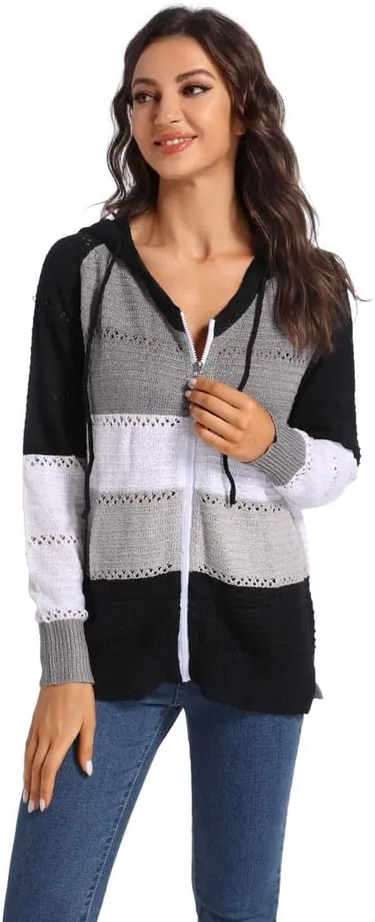 Women's Color Block Knit Hoodies Sweaters V Neck Drawstring Lightweight Pullover Sweatshirts & Zip up