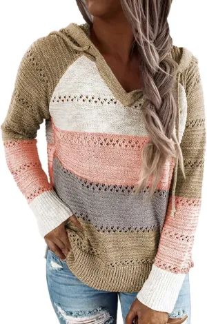 Women's Color Block Knit Hoodies Sweaters V Neck Drawstring Lightweight Pullover Sweatshirts & Zip up