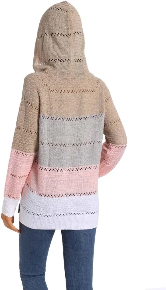 Women's Color Block Knit Hoodies Sweaters V Neck Drawstring Lightweight Pullover Sweatshirts & Zip up