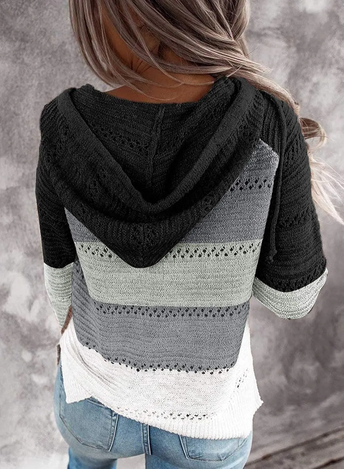 Women's Color Block Knit Hoodies Sweaters V Neck Drawstring Lightweight Pullover Sweatshirts & Zip up