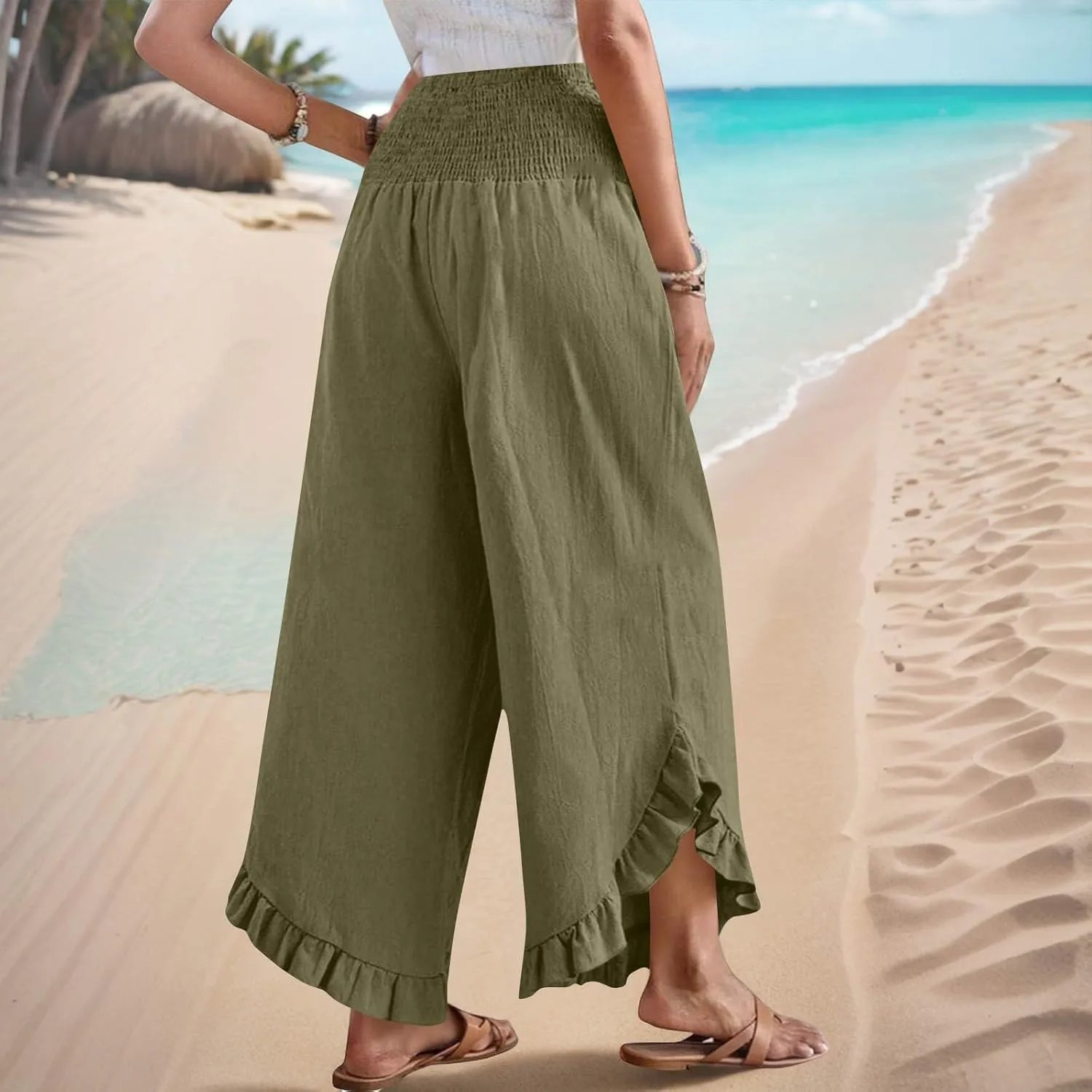 Women's Cotton Linen Pant Summer Wide Leg Trousers Casual Elastic Drawstring High Waist Palazzo Pants Pockets S-XXL