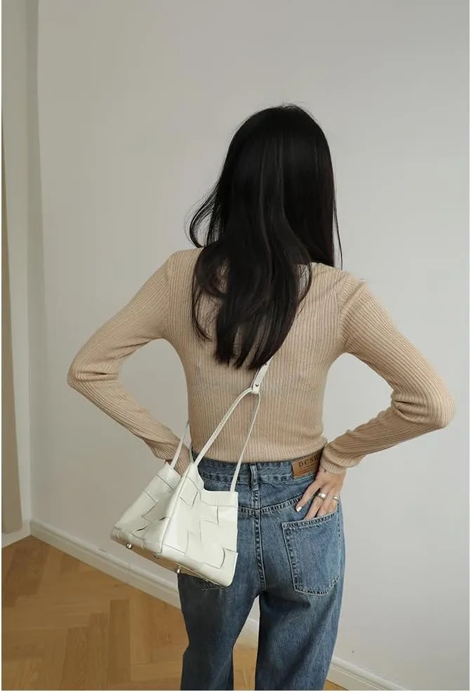 Women's Cowhide Denim Canvas Bucket Woven Box Bag Shoulder Crossbody Bag Versatile Handbag Hobo Vintage Large Capacity