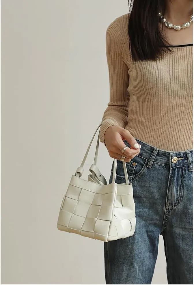 Women's Cowhide Denim Canvas Bucket Woven Box Bag Shoulder Crossbody Bag Versatile Handbag Hobo Vintage Large Capacity