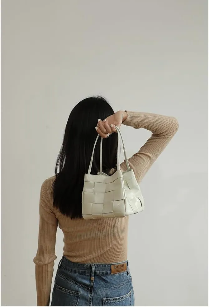 Women's Cowhide Denim Canvas Bucket Woven Box Bag Shoulder Crossbody Bag Versatile Handbag Hobo Vintage Large Capacity