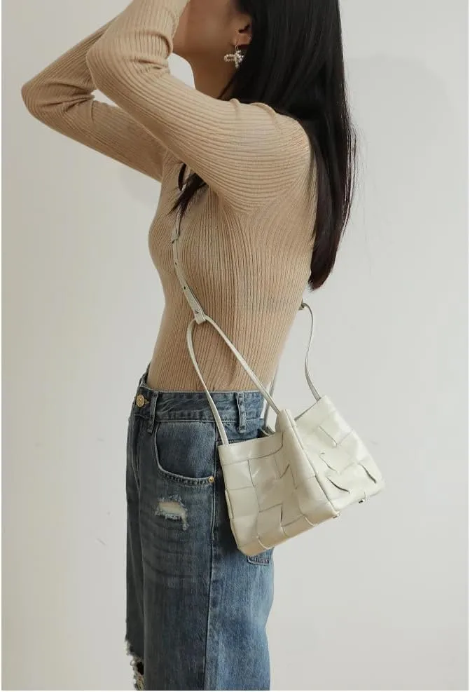 Women's Cowhide Denim Canvas Bucket Woven Box Bag Shoulder Crossbody Bag Versatile Handbag Hobo Vintage Large Capacity