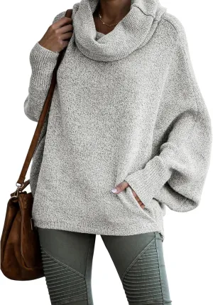 Womens Cowl Neck Pullover Sweaters with Pockets Lantern Long Sleeve Knit Casual Loose Bat Tunic Jumper Tops