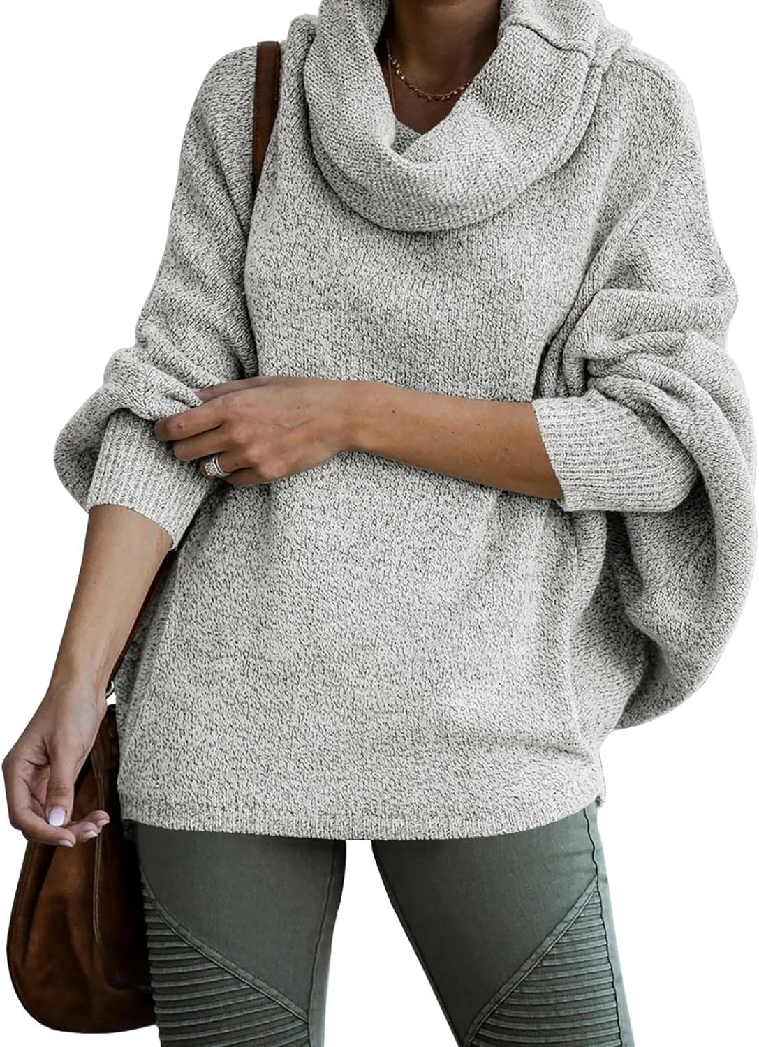 Womens Cowl Neck Pullover Sweaters with Pockets Lantern Long Sleeve Knit Casual Loose Bat Tunic Jumper Tops