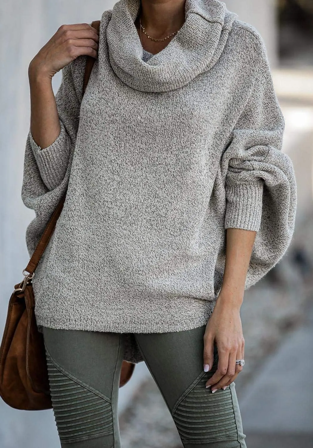 Womens Cowl Neck Pullover Sweaters with Pockets Lantern Long Sleeve Knit Casual Loose Bat Tunic Jumper Tops