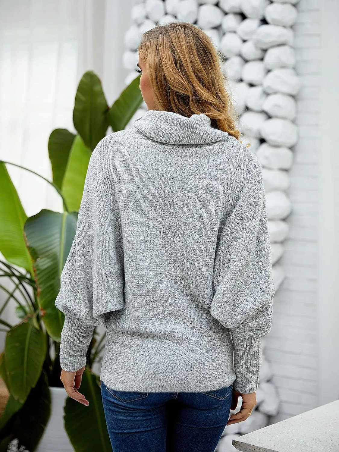 Womens Cowl Neck Pullover Sweaters with Pockets Lantern Long Sleeve Knit Casual Loose Bat Tunic Jumper Tops