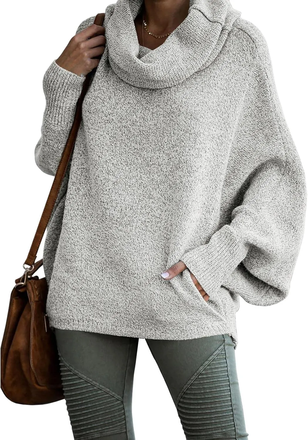Womens Cowl Neck Pullover Sweaters with Pockets Lantern Long Sleeve Knit Casual Loose Bat Tunic Jumper Tops