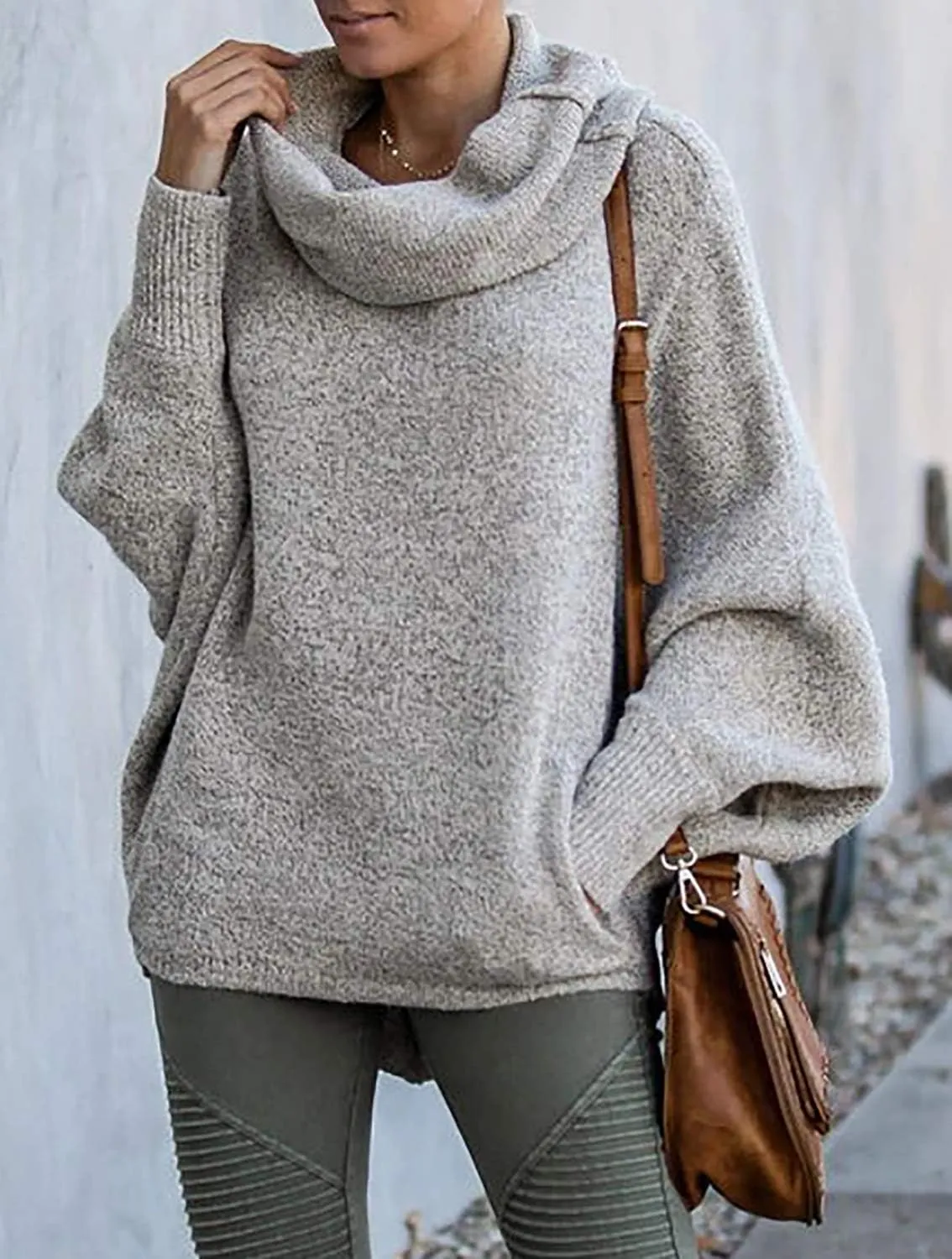 Womens Cowl Neck Pullover Sweaters with Pockets Lantern Long Sleeve Knit Casual Loose Bat Tunic Jumper Tops
