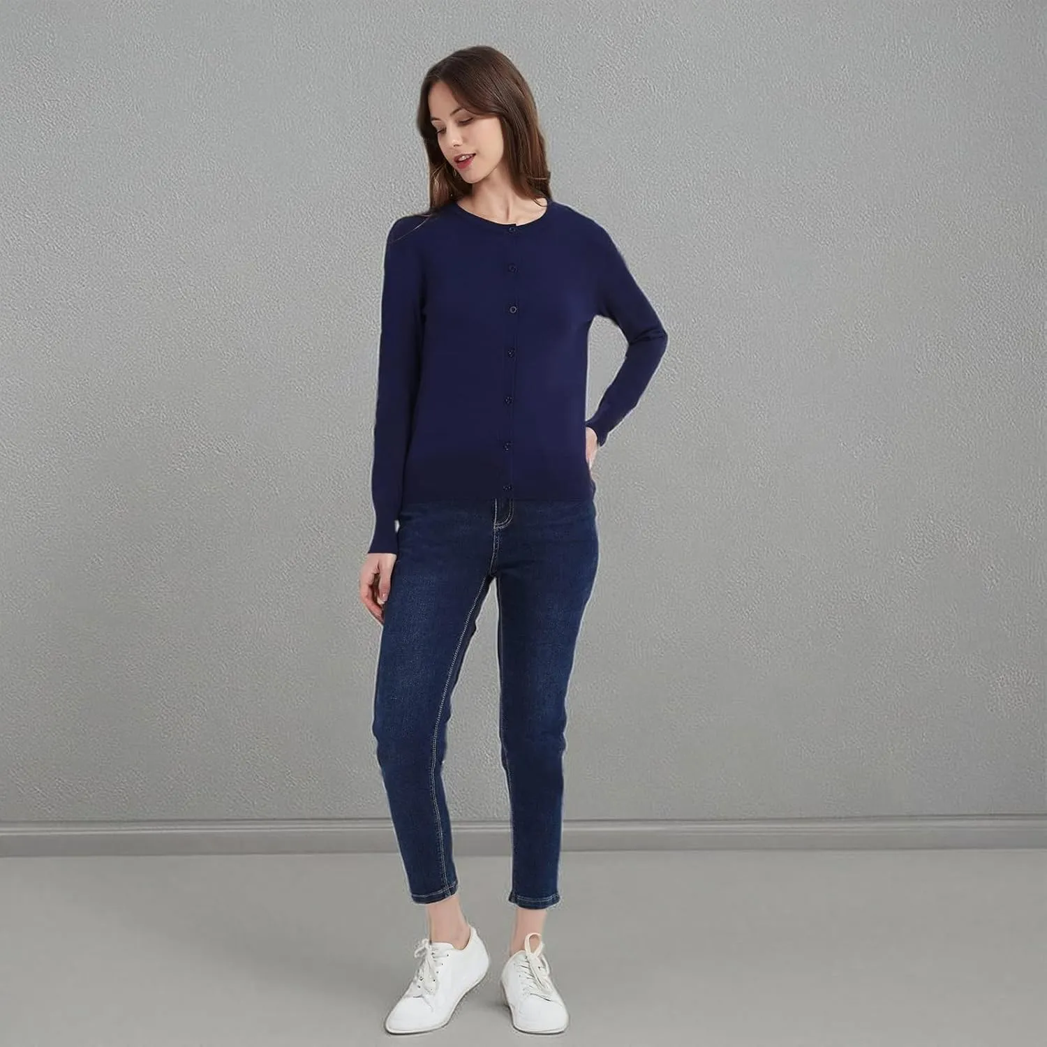 Women's Crew Neck Button Down Long Sleeve Cardigan Sweater