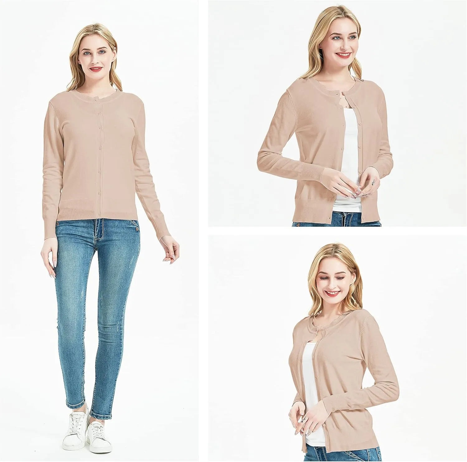 Women's Crew Neck Button Down Long Sleeve Cardigan Sweater