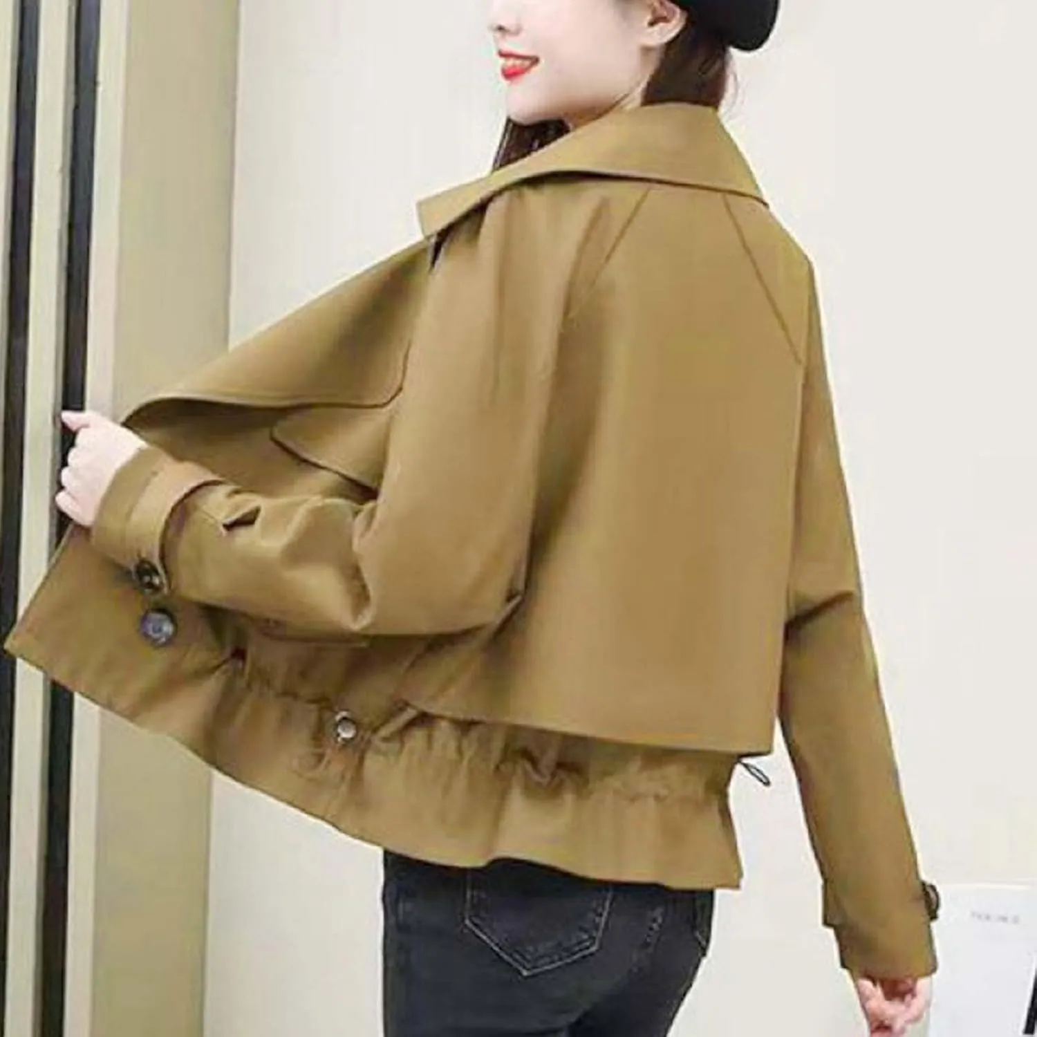 Women's Cropped Trench Coat Casual Notch Lapel Double Breasted Pea Coats Solid Short Jacket Outerwear with Drawstring