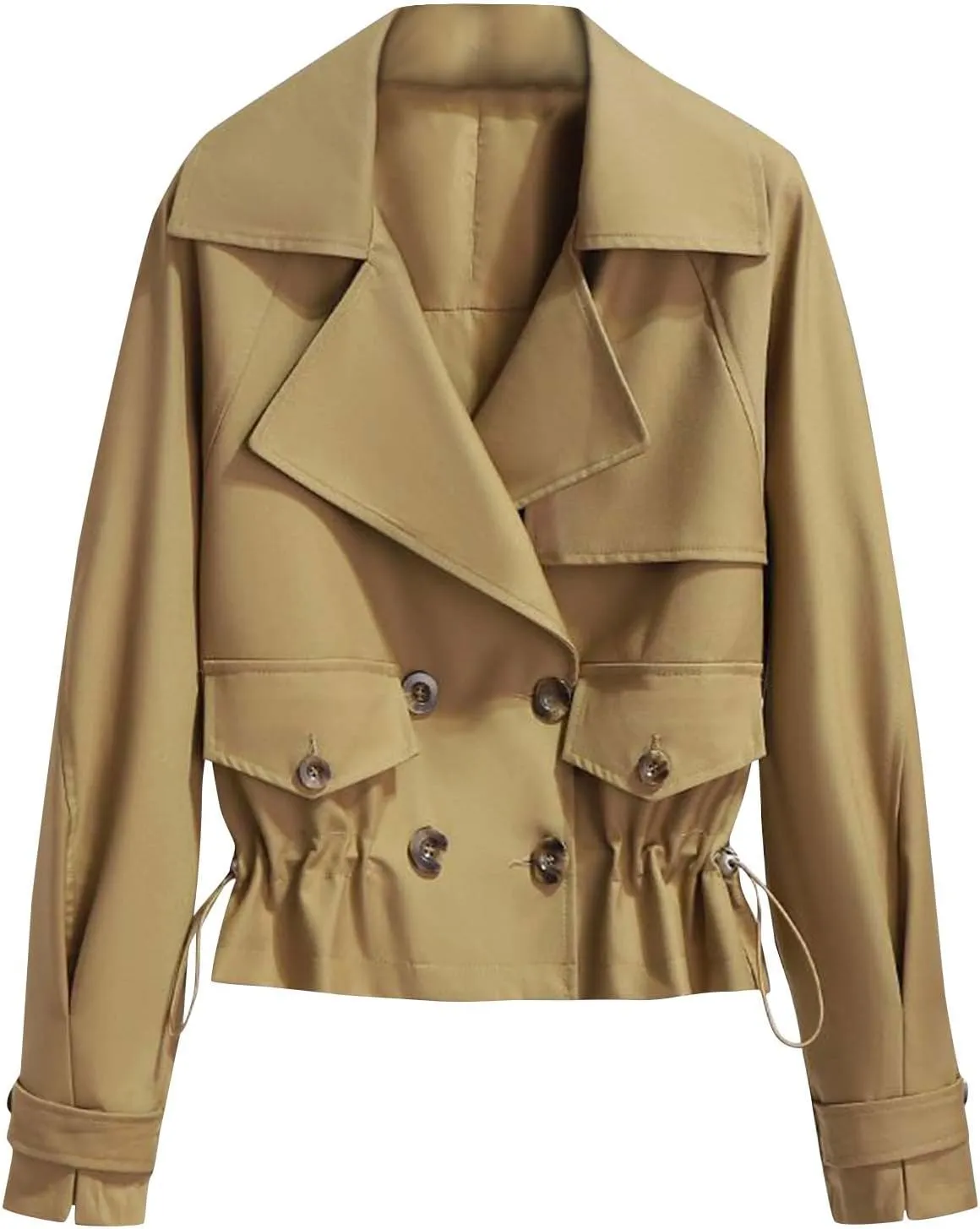 Women's Cropped Trench Coat Casual Notch Lapel Double Breasted Pea Coats Solid Short Jacket Outerwear with Drawstring