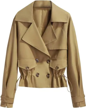 Women's Cropped Trench Coat Casual Notch Lapel Double Breasted Pea Coats Solid Short Jacket Outerwear with Drawstring
