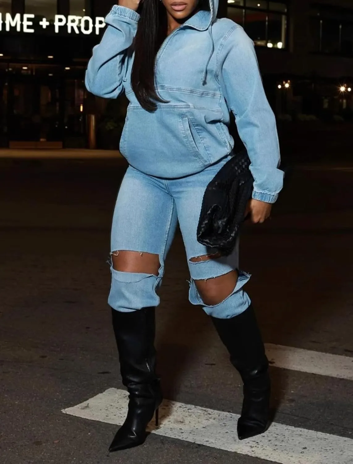 Women's Denim Hoodie Pullover Half Zip Up Jean Jacket Sweatshirt Top with Pocket Fall Tops Outerwear