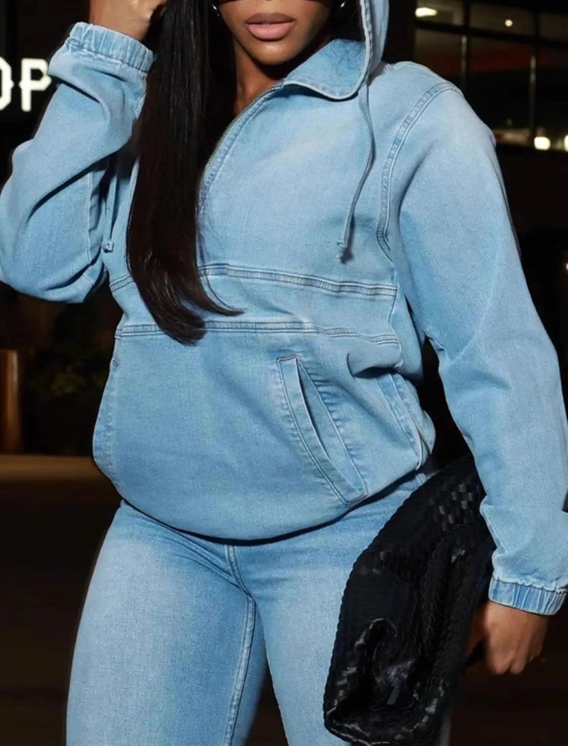 Women's Denim Hoodie Pullover Half Zip Up Jean Jacket Sweatshirt Top with Pocket Fall Tops Outerwear