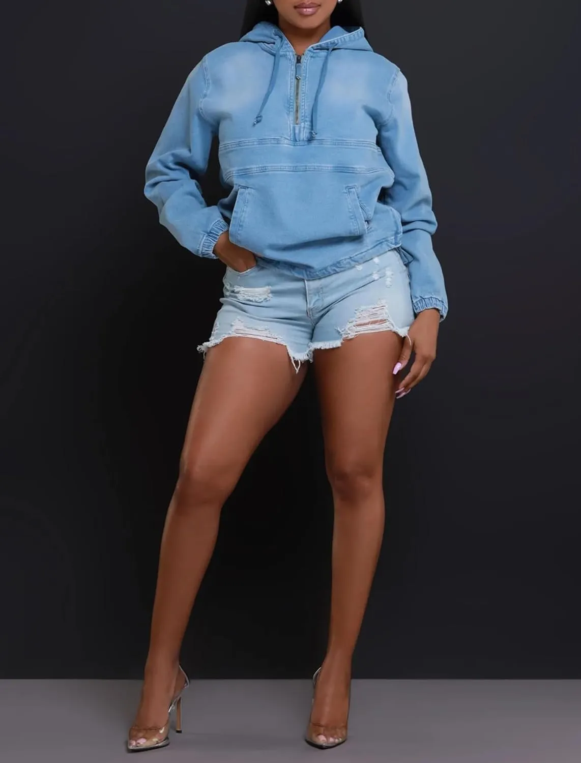 Women's Denim Hoodie Pullover Half Zip Up Jean Jacket Sweatshirt Top with Pocket Fall Tops Outerwear