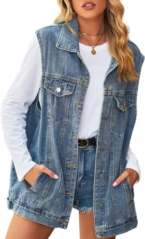 Womens Denim Jean Vest Oversized Sleeveless Button Down Mid Long Denim Jean Jacket