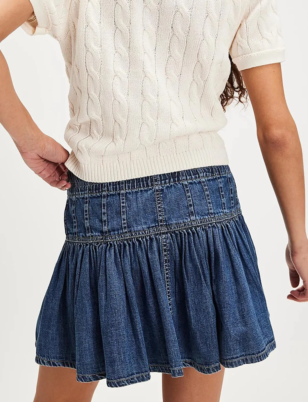 Women's Denim Mini Skirt High Waisted Ruffle Button Down Pleated Jean Short Skirts