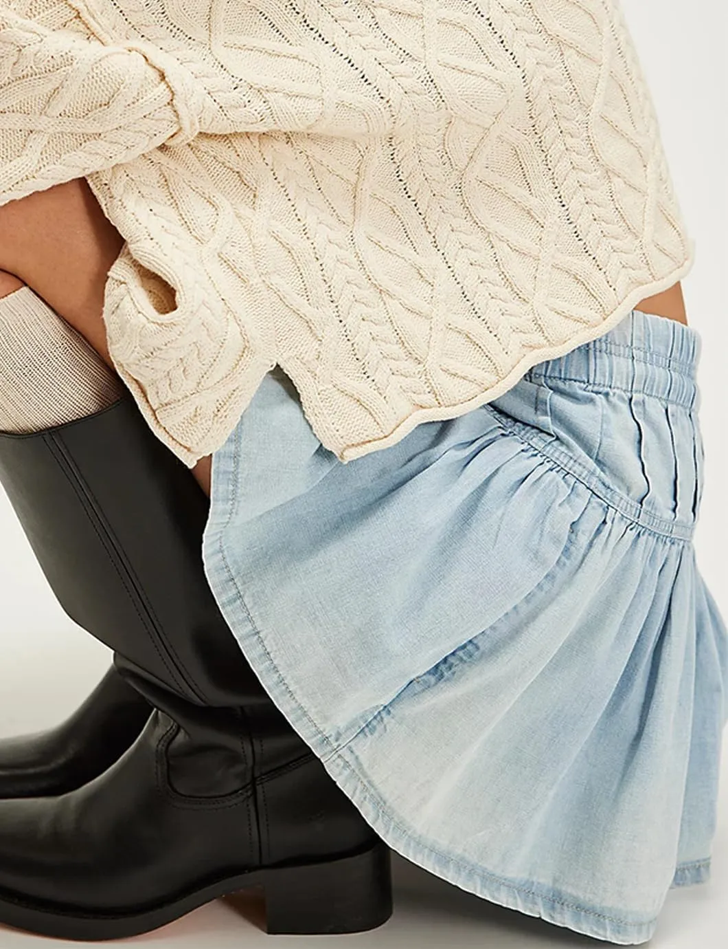 Women's Denim Mini Skirt High Waisted Ruffle Button Down Pleated Jean Short Skirts