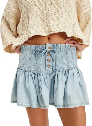 Women's Denim Mini Skirt High Waisted Ruffle Button Down Pleated Jean Short Skirts