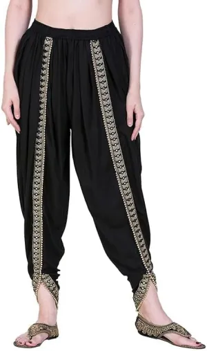 Women's Dhoti Style Harem Pants, Traditional Indian Patiala, Mustard Yellow with Gold Lace, Free Size (28 Till 36)